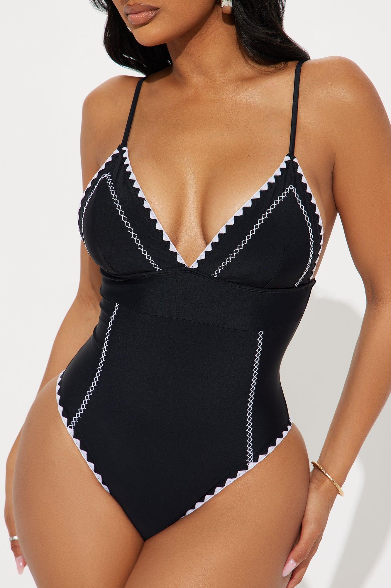 Summers On The Coast Contrast Threading 1 Piece Swimsuit - Black/White Product Image