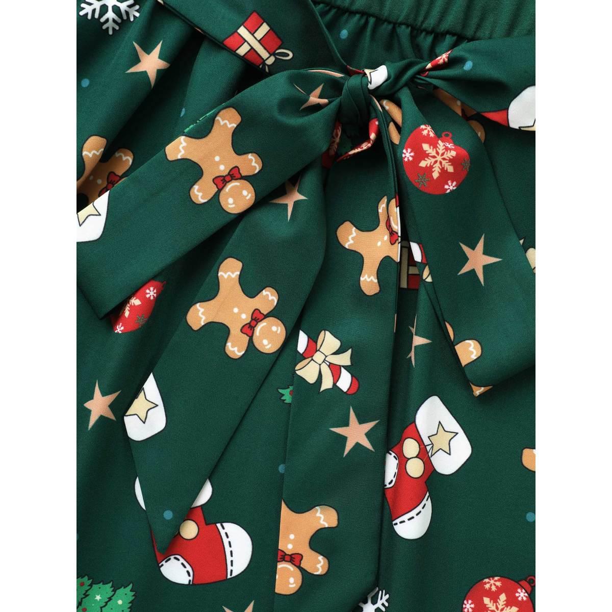 Plus Size Holiday Everything Printed Skirt Fit-and-Flare Midi Dress DarkGreen Women Elegant Belted Round Neck Elbow-length sleeve Curvy BloomChic 14-16/1X Product Image