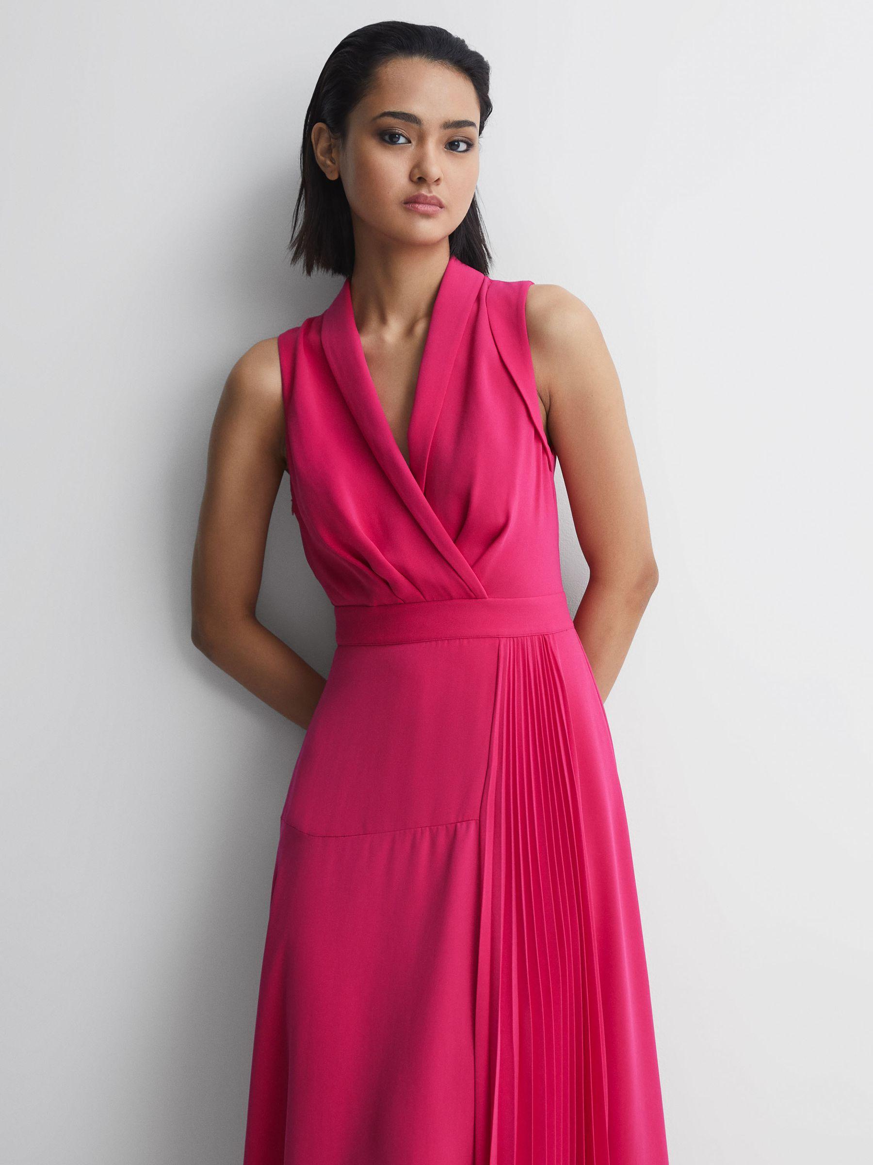 Pleated Fitted Midi Dress in Pink Product Image