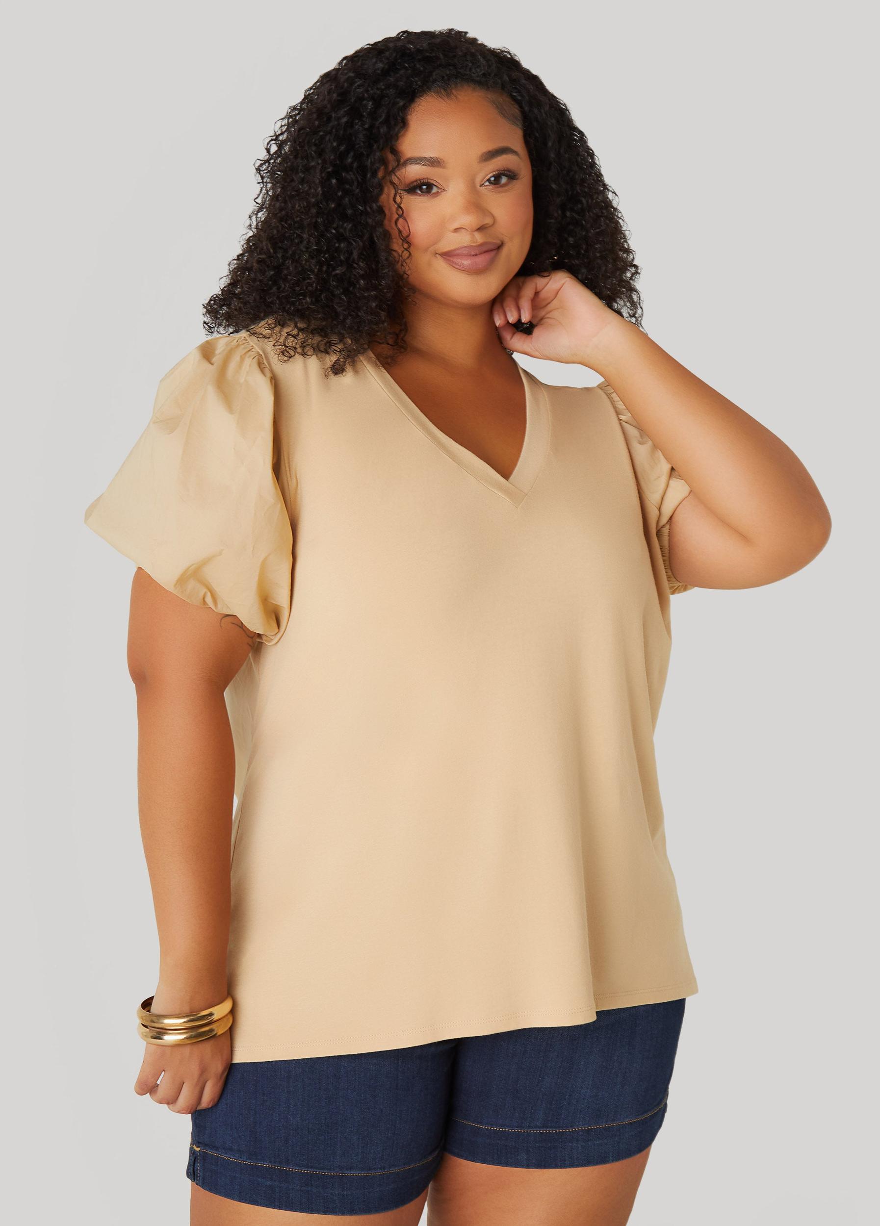 Puff Sleeve Paneled V Neck Tee Product Image