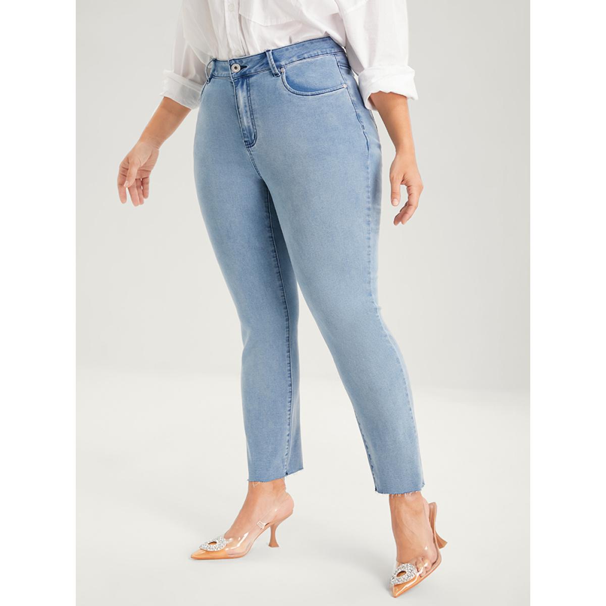 Plus Size Skinny Very Stretchy High Rise Light Wash Pocket Patchwork Jeans Women LightBlue Casual Plain Asymmetrical High stretch Pocket Jeans BloomChic 24/3X Product Image