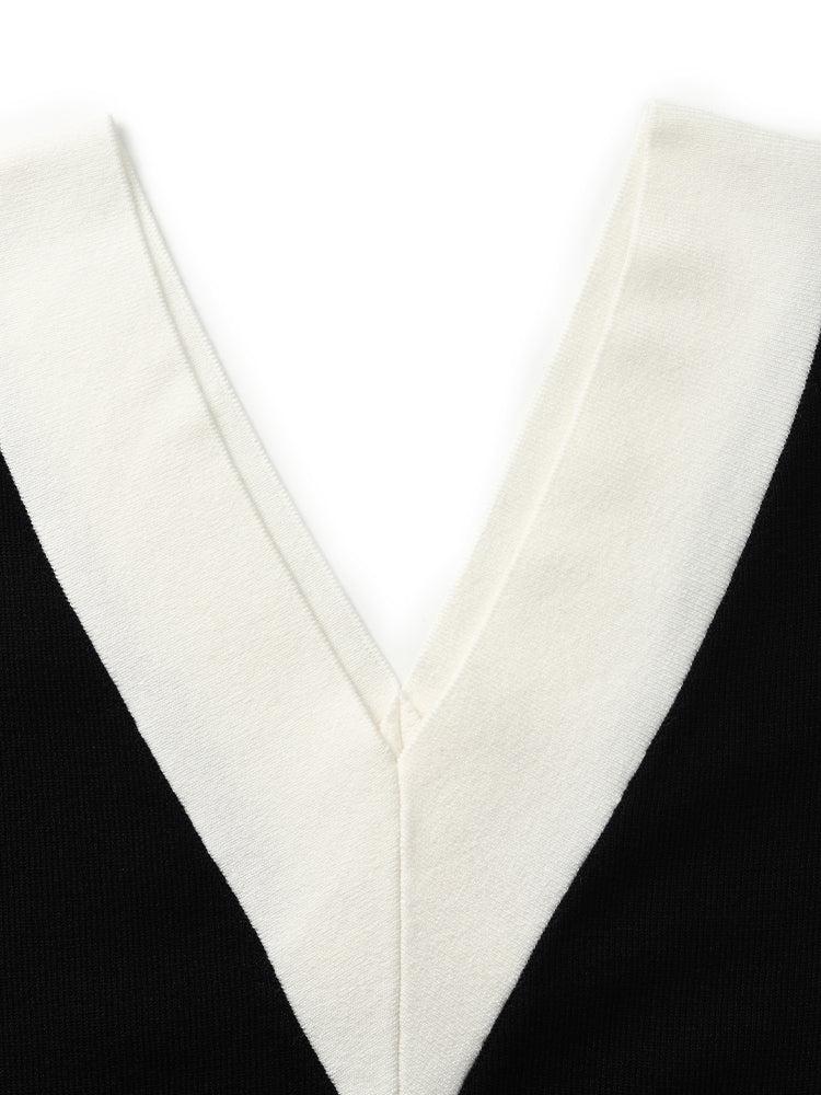 Contrast V-Neck Slim Knitted Women Midi Dress Product Image