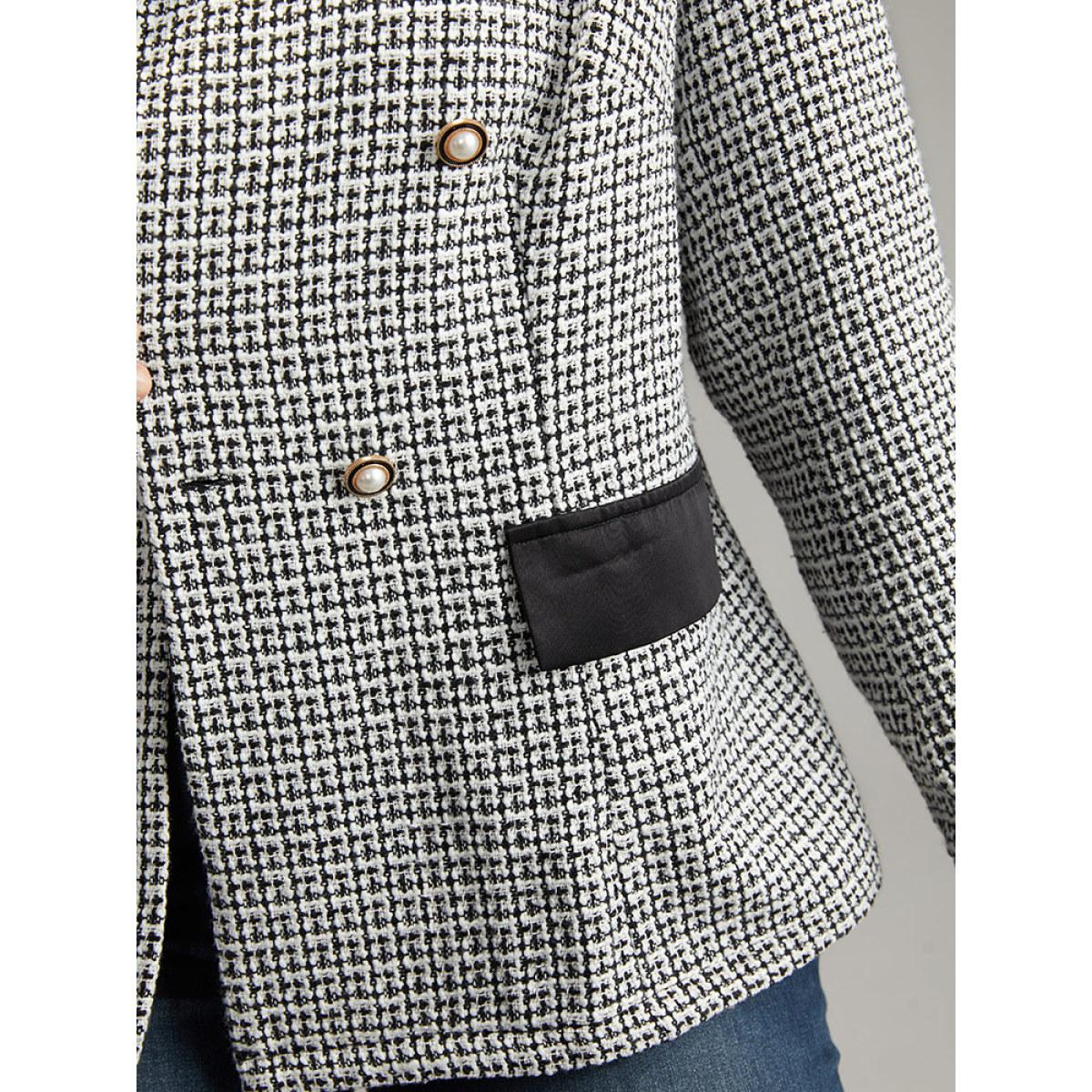 Plus Size Houndstooth Lapel Collar Button Detail Blazer Black Women Work Houndstooth Contrast Sleeve Long Sleeve Lapel Collar 18-20/2X At the Office Blazers BloomChic Product Image