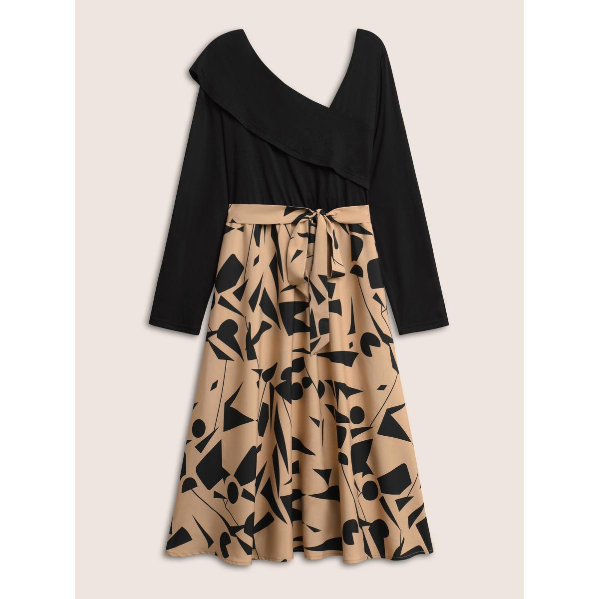 Plus Size Geometric Contrast Patchwork Asymmetrical Neck Belted Dress Black Women At the Office Non Asymmetrical Neck Long Sleeve Curvy Midi Dress BloomChic 12/L Product Image