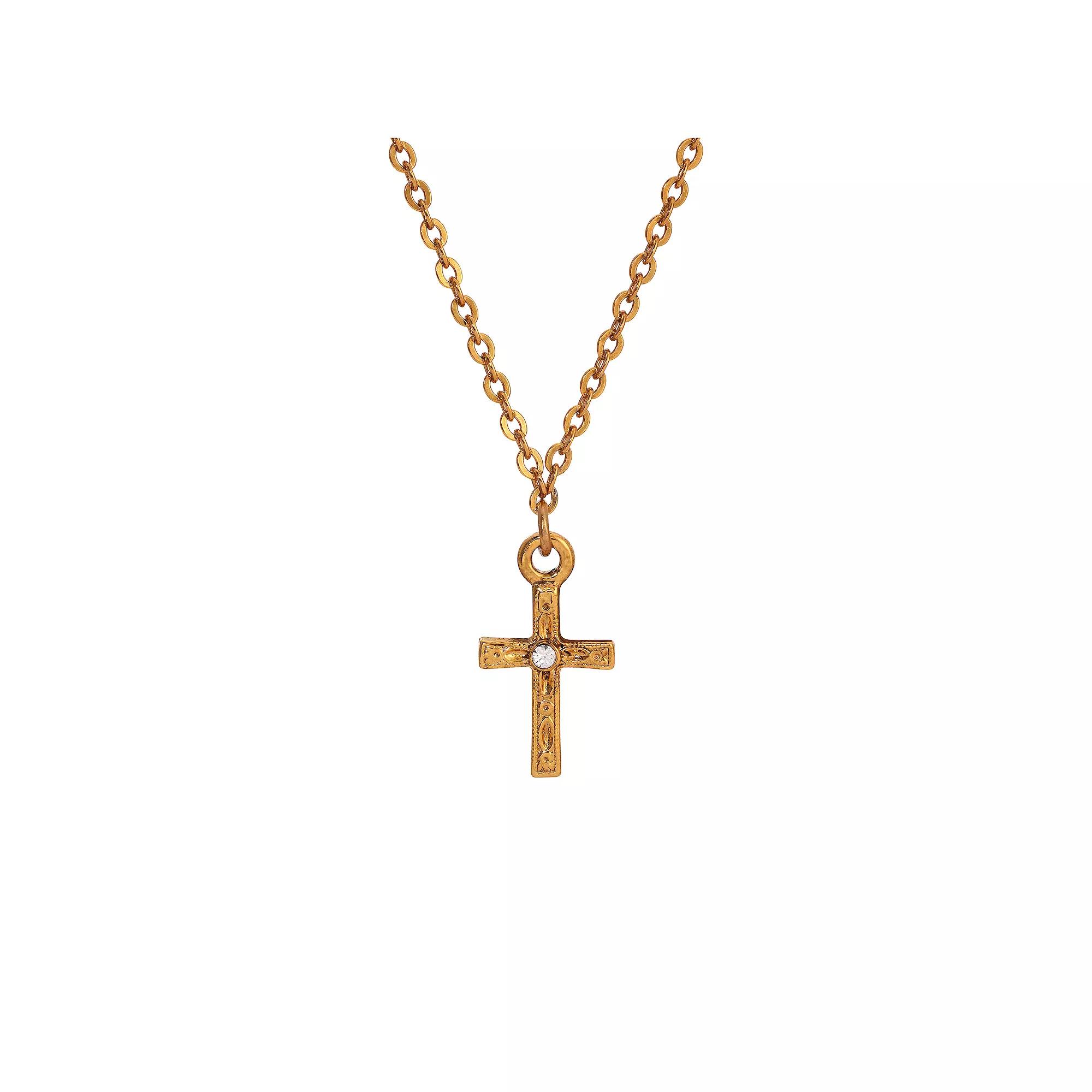 1928 Gold Tone Crystal Cross Pendant Necklace, Womens, Yellow Product Image