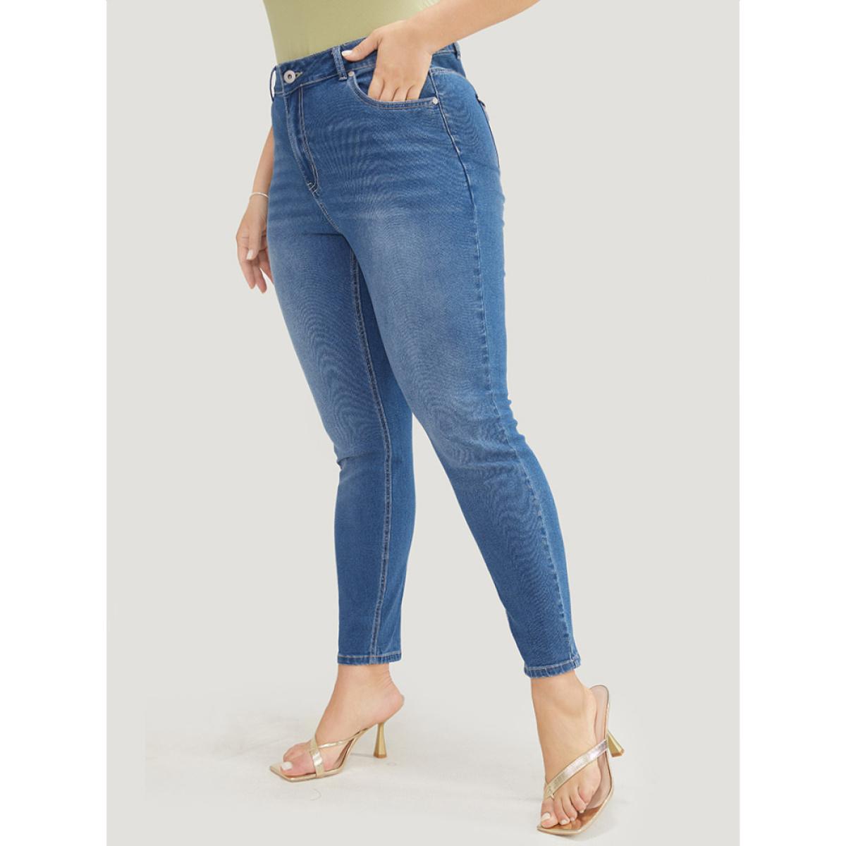 Plus Size Very Stretchy High Rise Medium Wash Floral Embroidered Jeans Women Indigo Casual Plain High stretch Pocket Jeans BloomChic 28/5X Product Image