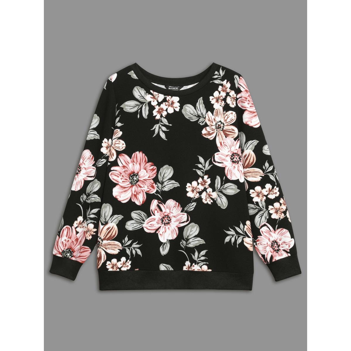 Plus Size Big Flowers Crew Neck Elastic Sweatshirt Women Black Elegant Contrast Round Neck Everyday Sweatshirts BloomChic 10/M Product Image