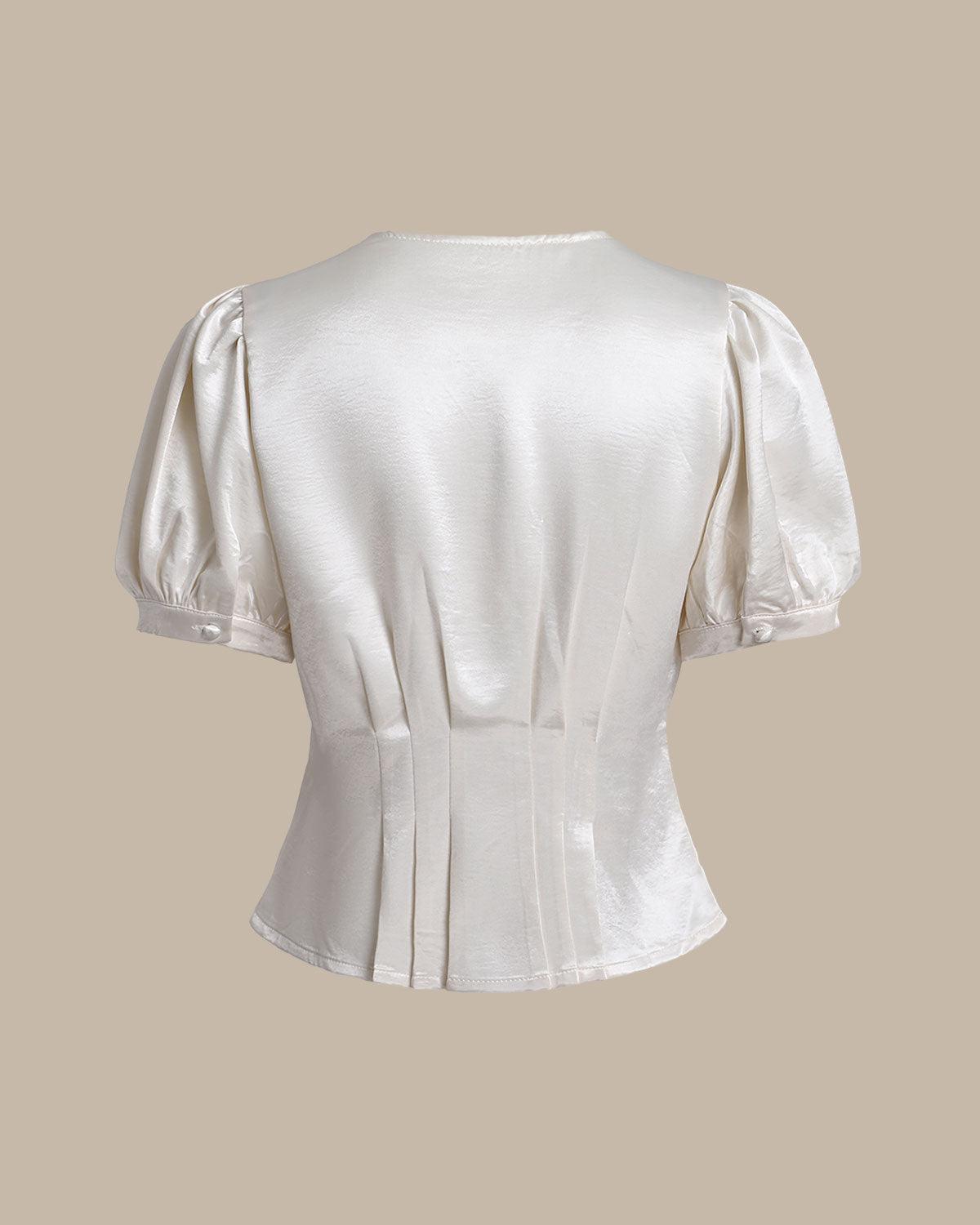 White Satin V Neck Ruched Blouse Product Image