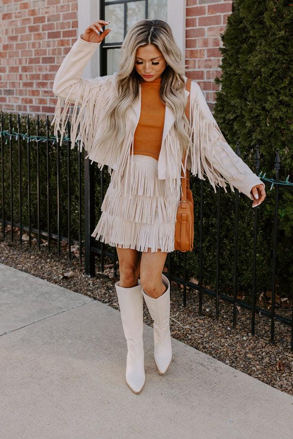 Boho Flow Faux Suede Fringe Skirt in Cream Product Image