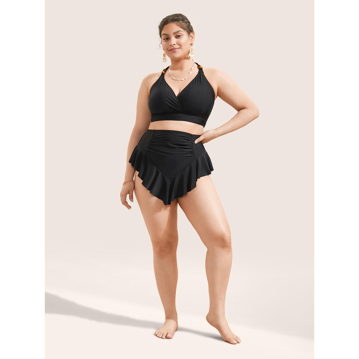 Plus Size Ruffle Trim Ruched Front Swim Bottom Women's Swimwear Black Resort Non High stretch Bodycon High Rise Curve Swim Bottoms BloomChic 22-24/3X Product Image