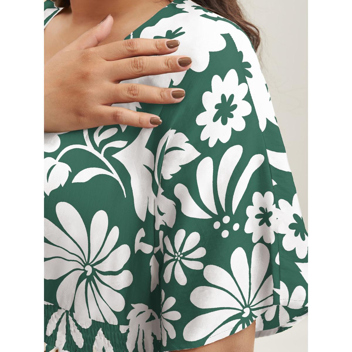 Plus Size Large Floral Print Pockets Midi Dress DarkGreen Women Resort Slit V-neck Short sleeve Curvy BloomChic 10/M Product Image