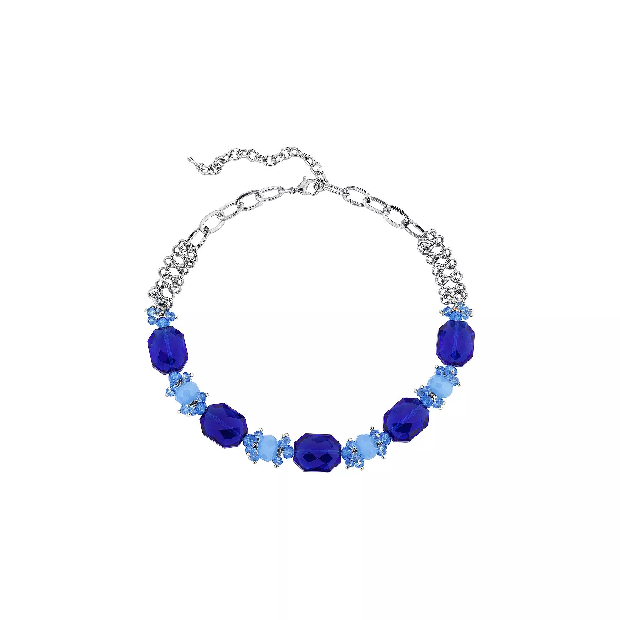 1928 Silver-Tone Bright Blue Beaded Necklace, Women's Product Image