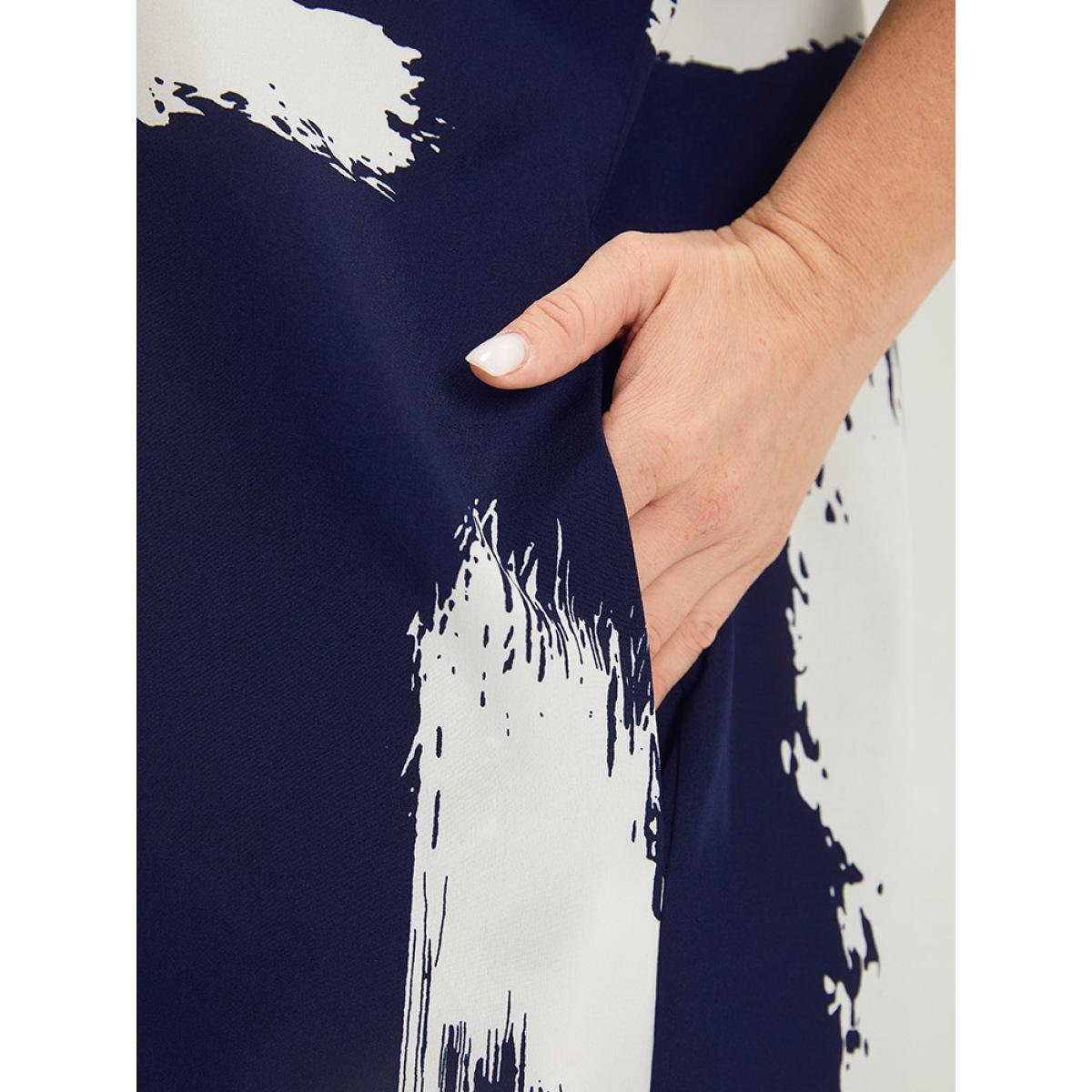 Plus Size Brush Print Keyhole Pocket Dolman Sleeve Dress Indigo Women Elegant Printed Keyhole Cut-Out Half Sleeve Curvy Knee Dress BloomChic 26/4X Product Image