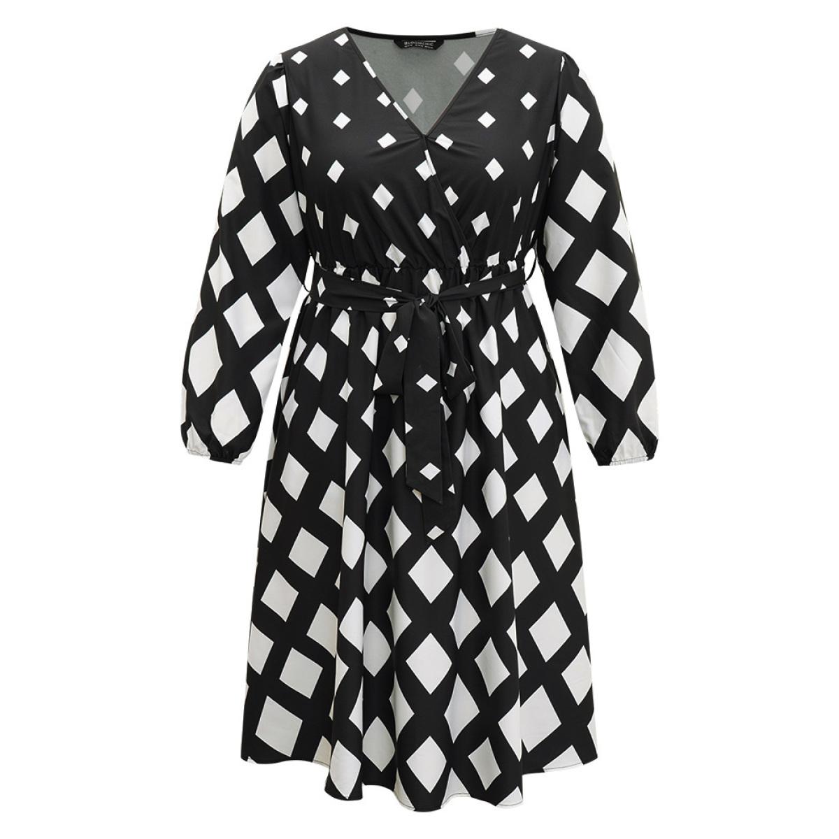 Plus Size Geometric Print Belted Lantern Sleeve Dress BlackFlower Women Office Elastic cuffs V-neck Long Sleeve Curvy Midi Dress BloomChic 26/4X Product Image