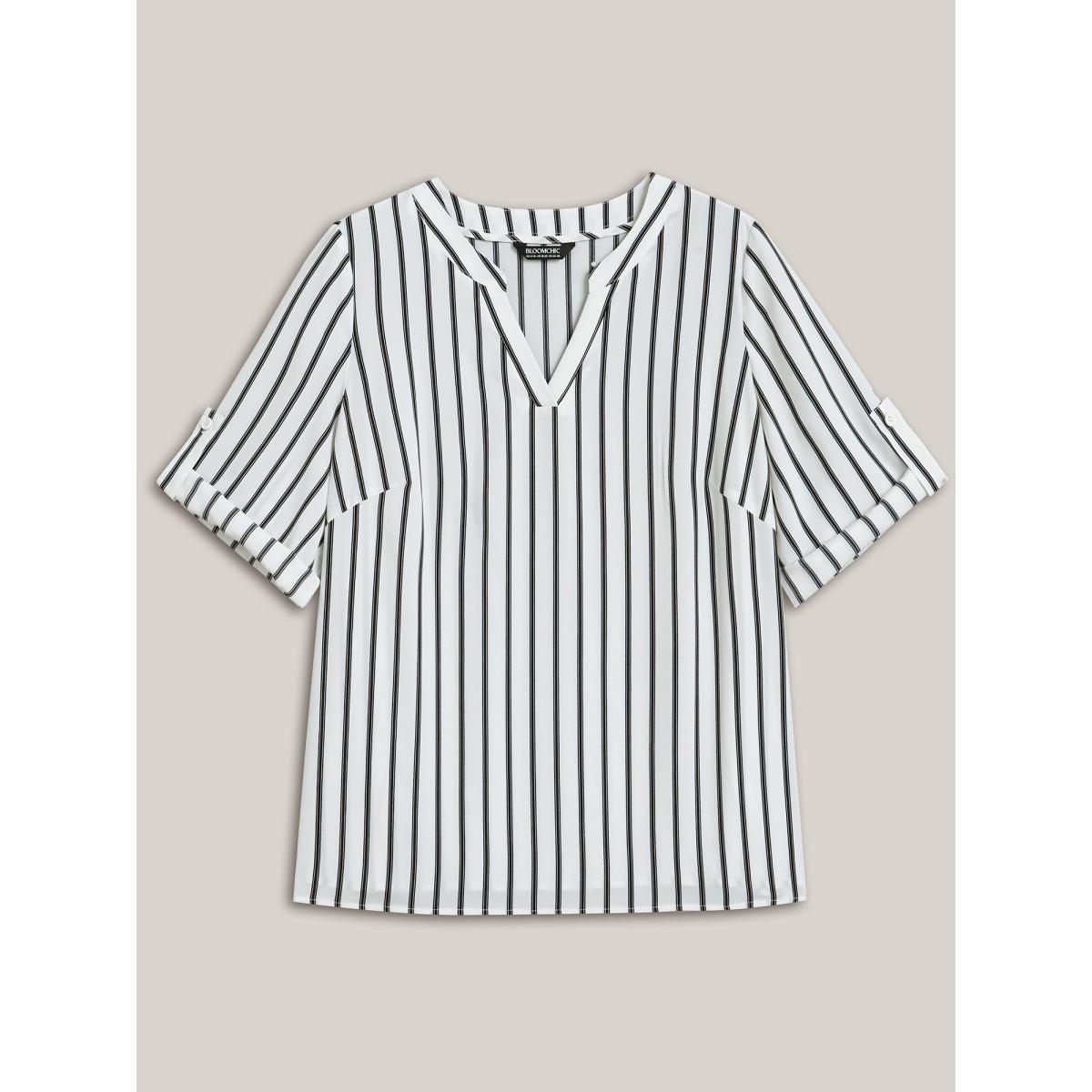 Plus Size WhiteSmoke Notched Collar Striped Tab Sleeve Shirt Women Office Elbow-length sleeve Notched collar Office Blouses BloomChic 28/5X Product Image
