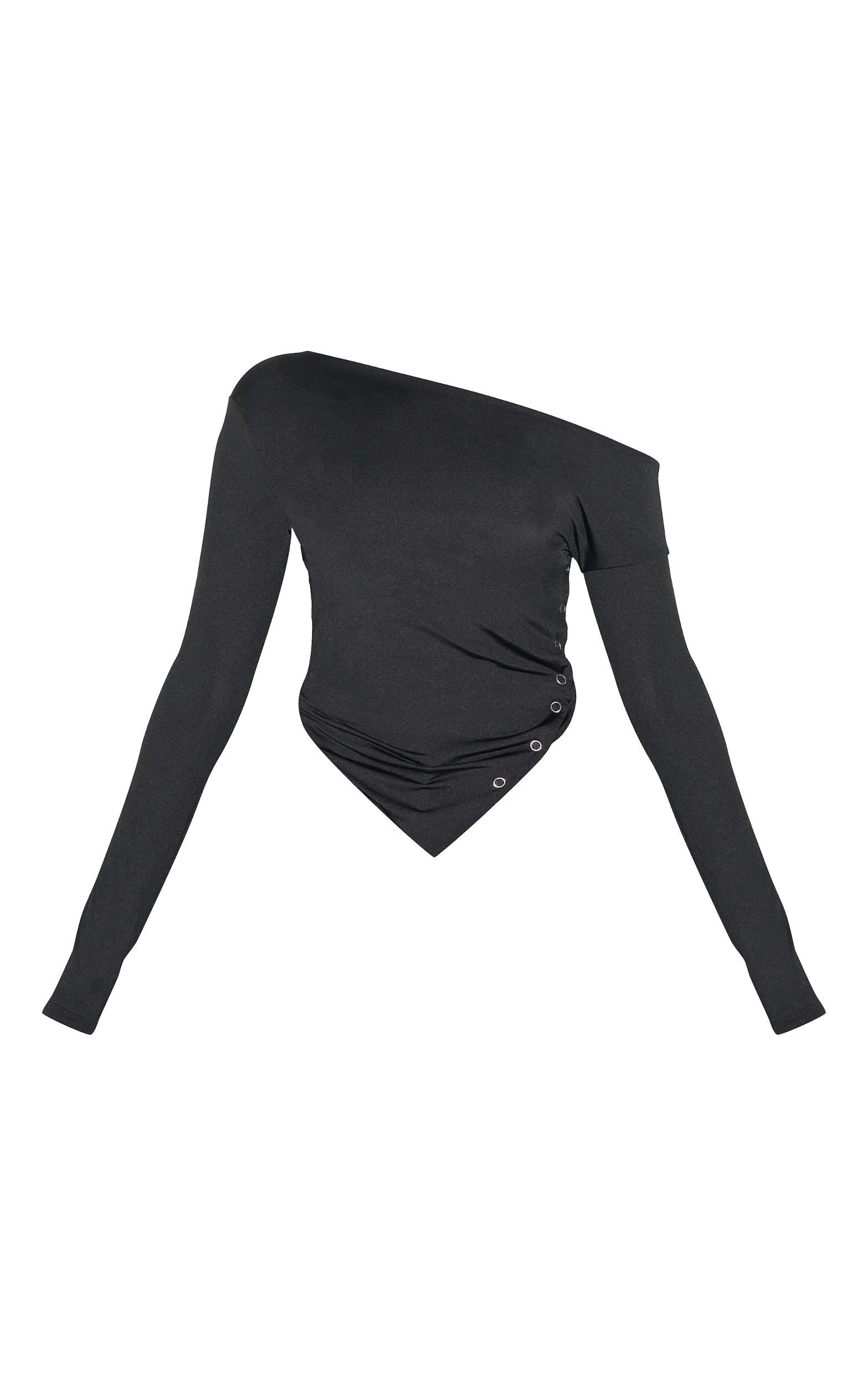 Black Slinky Asymmetric Neck Popper Detail Long Sleeve Top Product Image