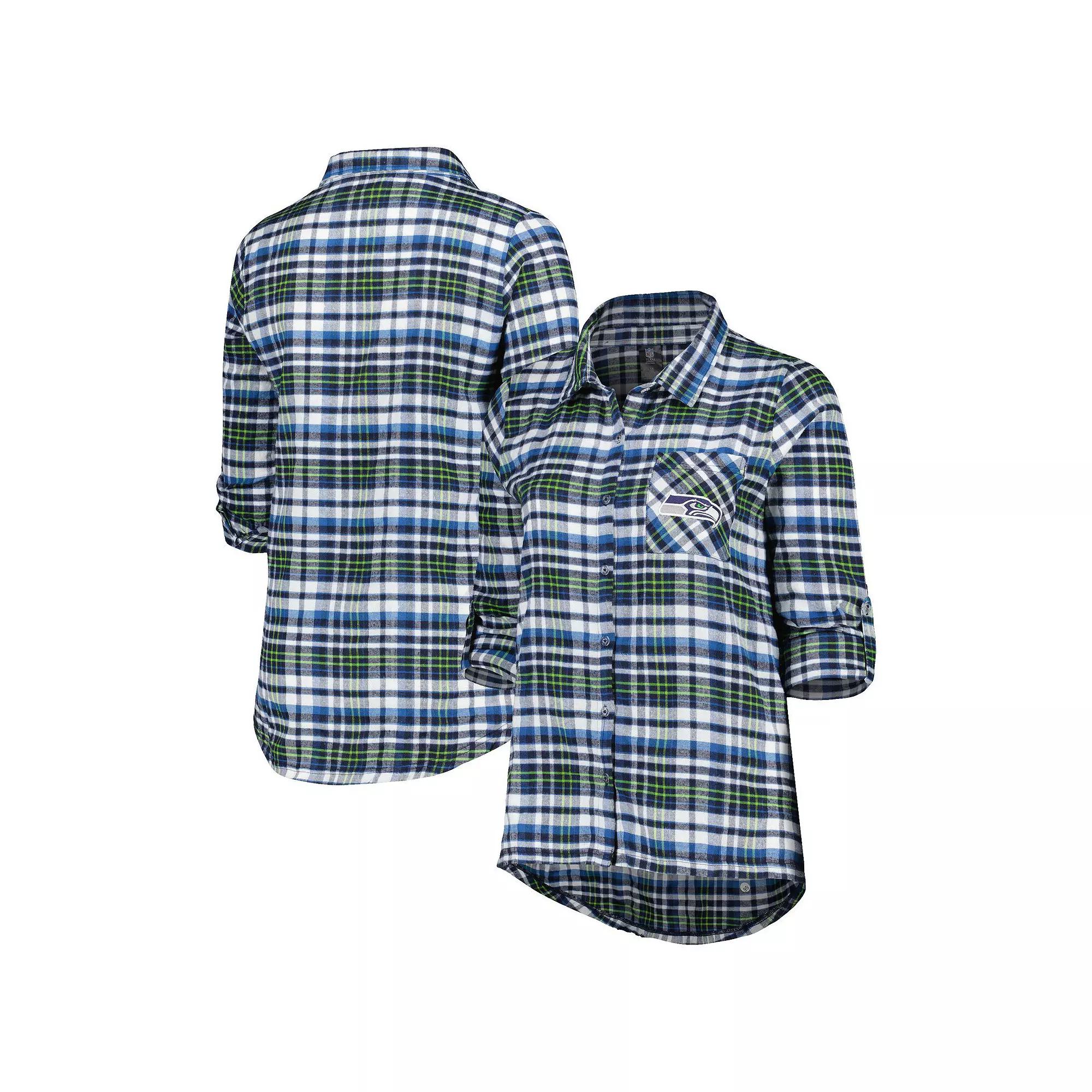 Women's Concepts Sport College Navy Seattle Seahawks Plus Size Mainstay Flannel Full-Button Long Sleeve Nightshirt, Size: 1XL, Blue Product Image