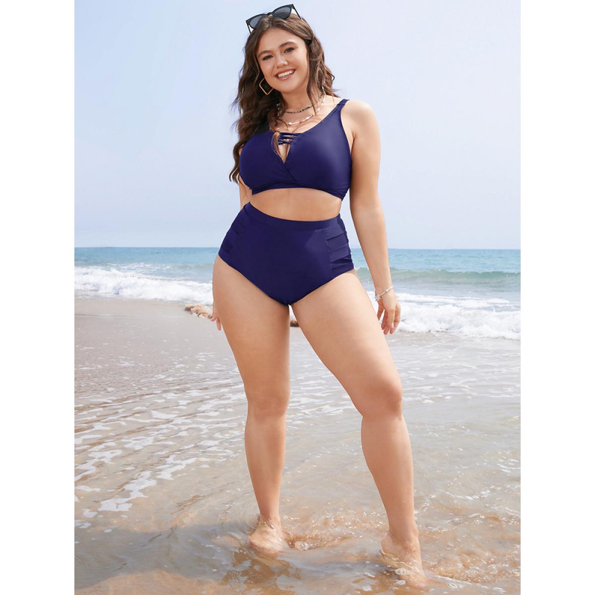 Plus Size Plain Mesh Insert Swim Bottoms Women's Swimwear Indigo Vacation Plain High stretch Skinny High Rise Curve Swim Bottoms BloomChic 22-24/3X Product Image