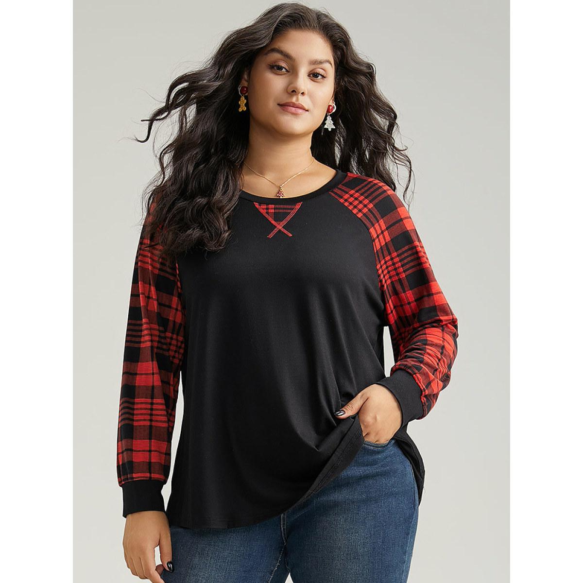 Plus Size Plaid Contrast Stitch Raglan Sleeve T-shirt Black Women Casual Elastic cuffs Plaid Round Neck Festival-Christmas T-shirts BloomChic 10/M Product Image