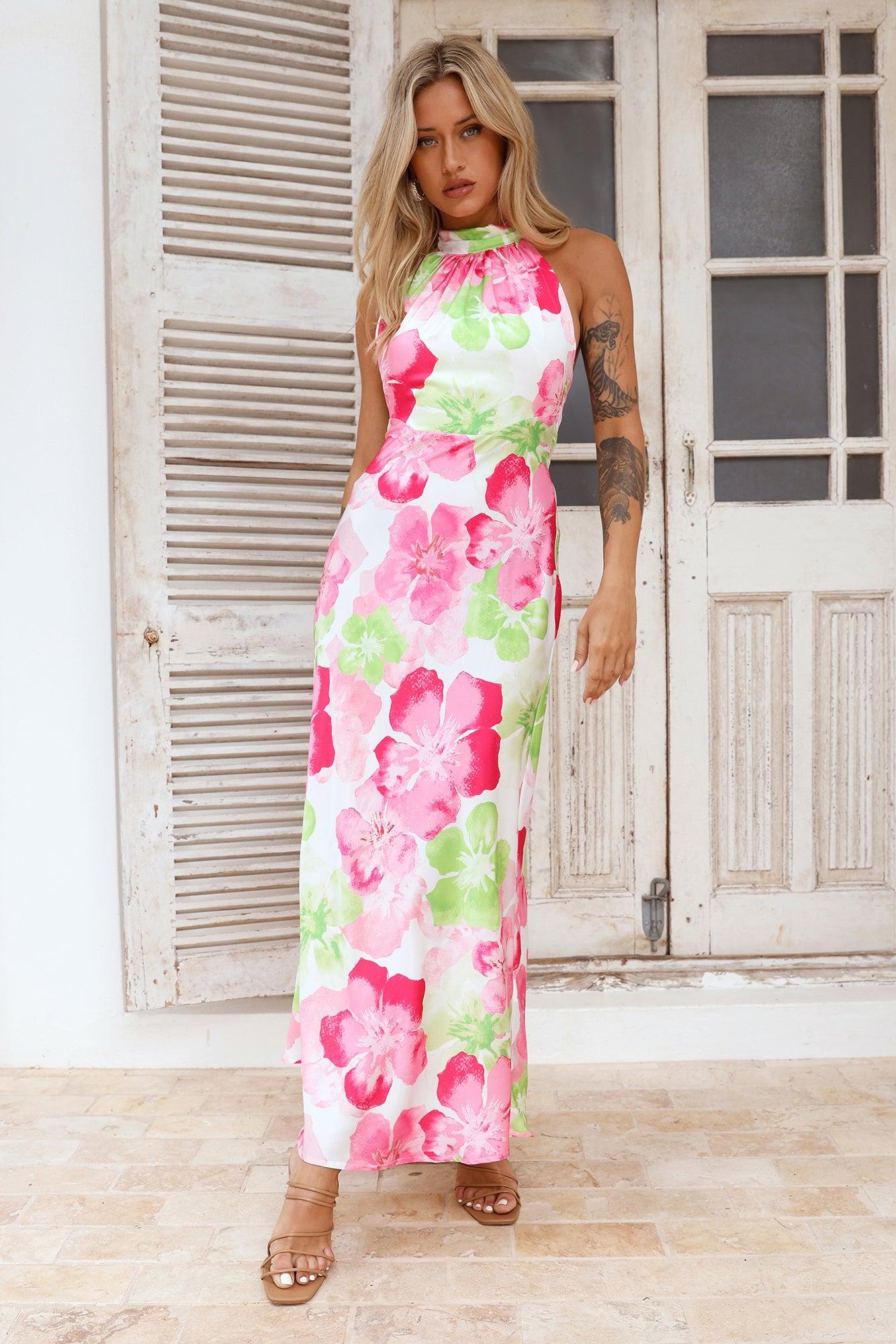 Distant Now Satin Halter Maxi Dress Pink Product Image