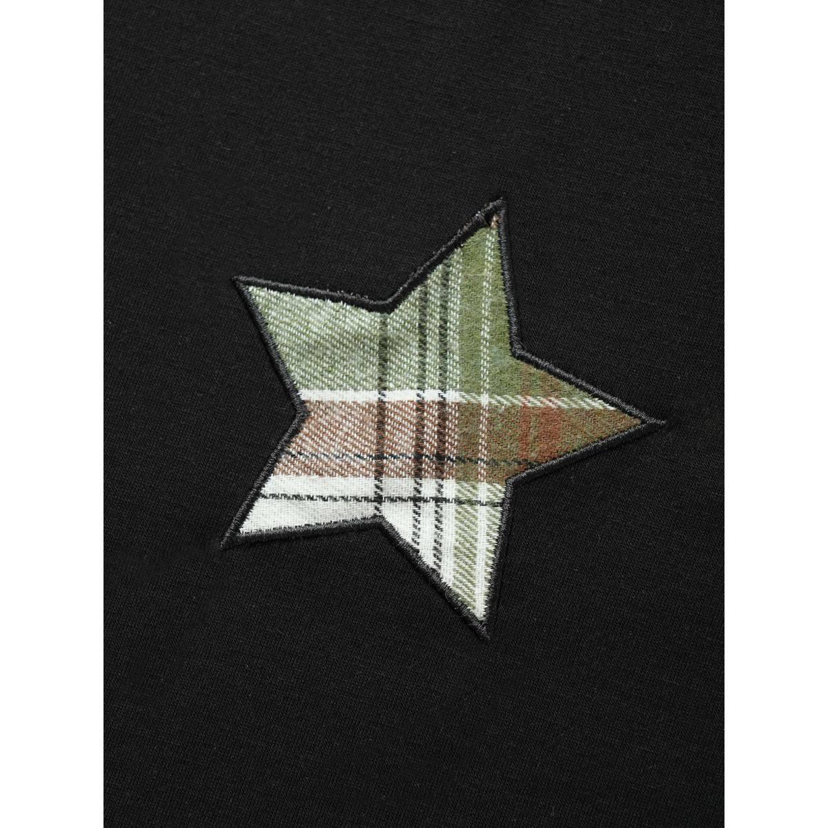 Plus Size Star Embroidered Patch Round Neck T-shirt Black Women Casual Contrast Star and moon Round Neck Everyday T-shirts BloomChic 18-20/2X Product Image