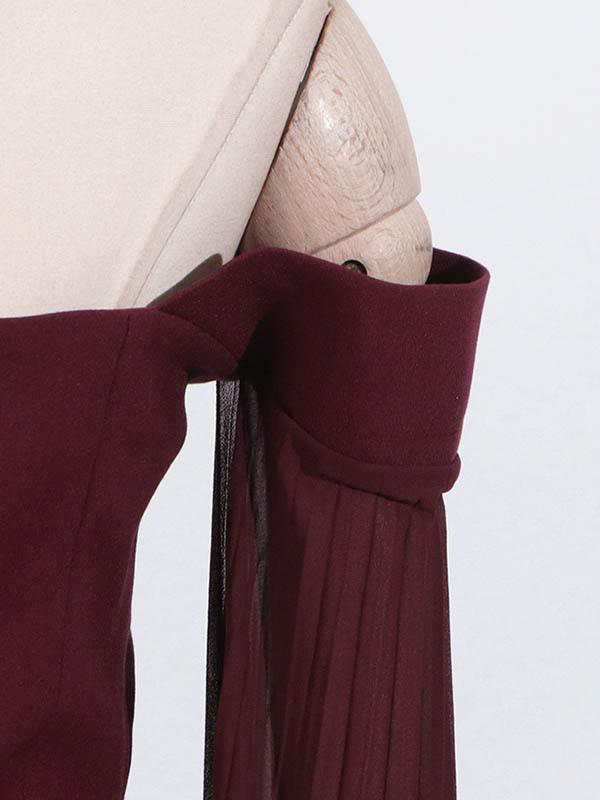 Flared Sleeves Solid Color Split-Joint Zipper Off-The-Shoulder Blouses&Shirts Tops + Pleated A-Line Skirts Bottom Two Pieces Set Product Image