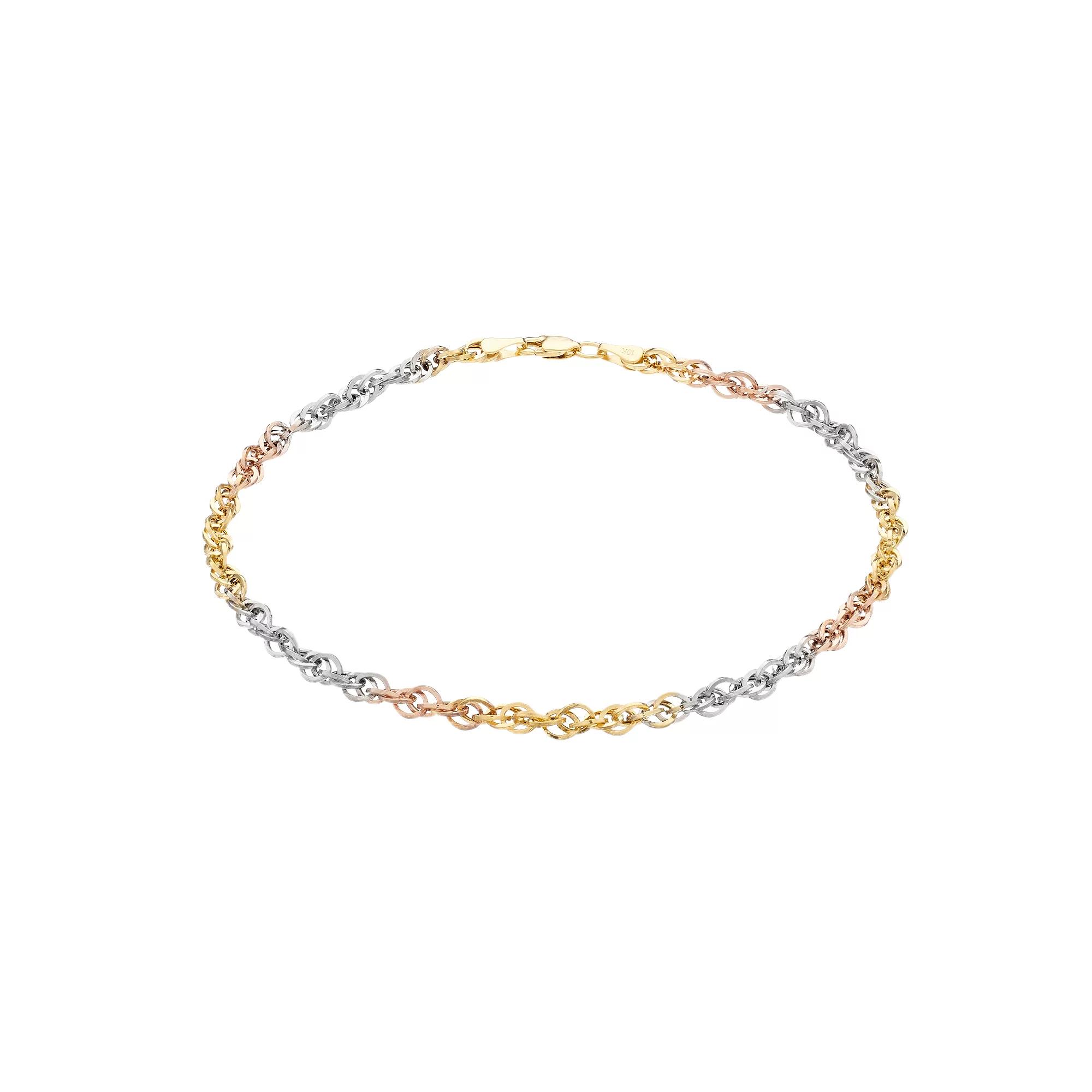 Au Naturale Tri-Tone 10k Gold Double Link Cable Chain Anklet, Womens 10k  Tone Product Image