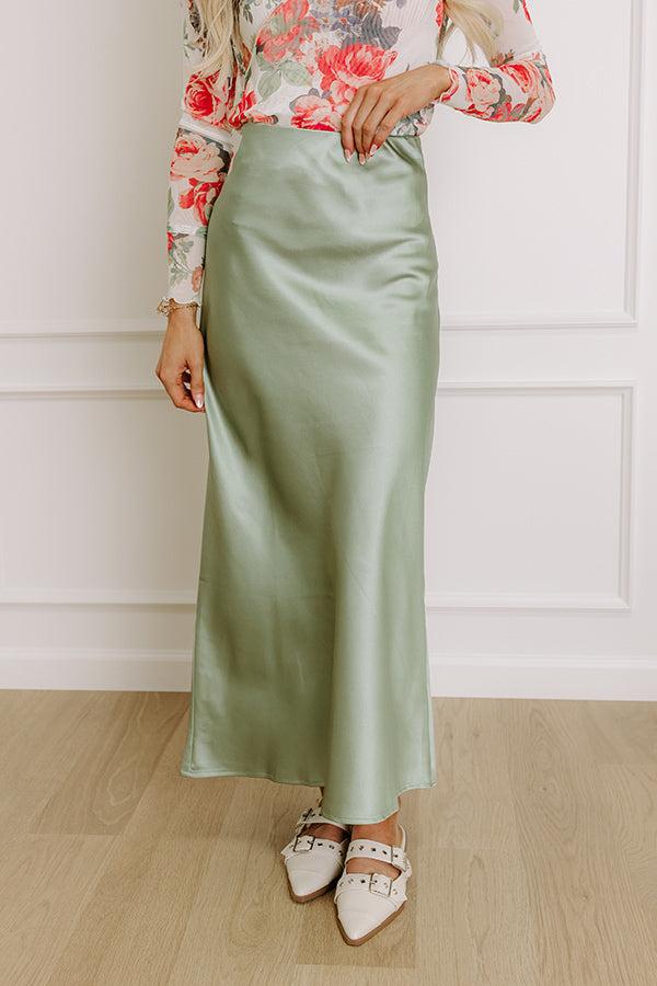 The Tiffany High Waist Satin Midi Skirt in Sage Product Image