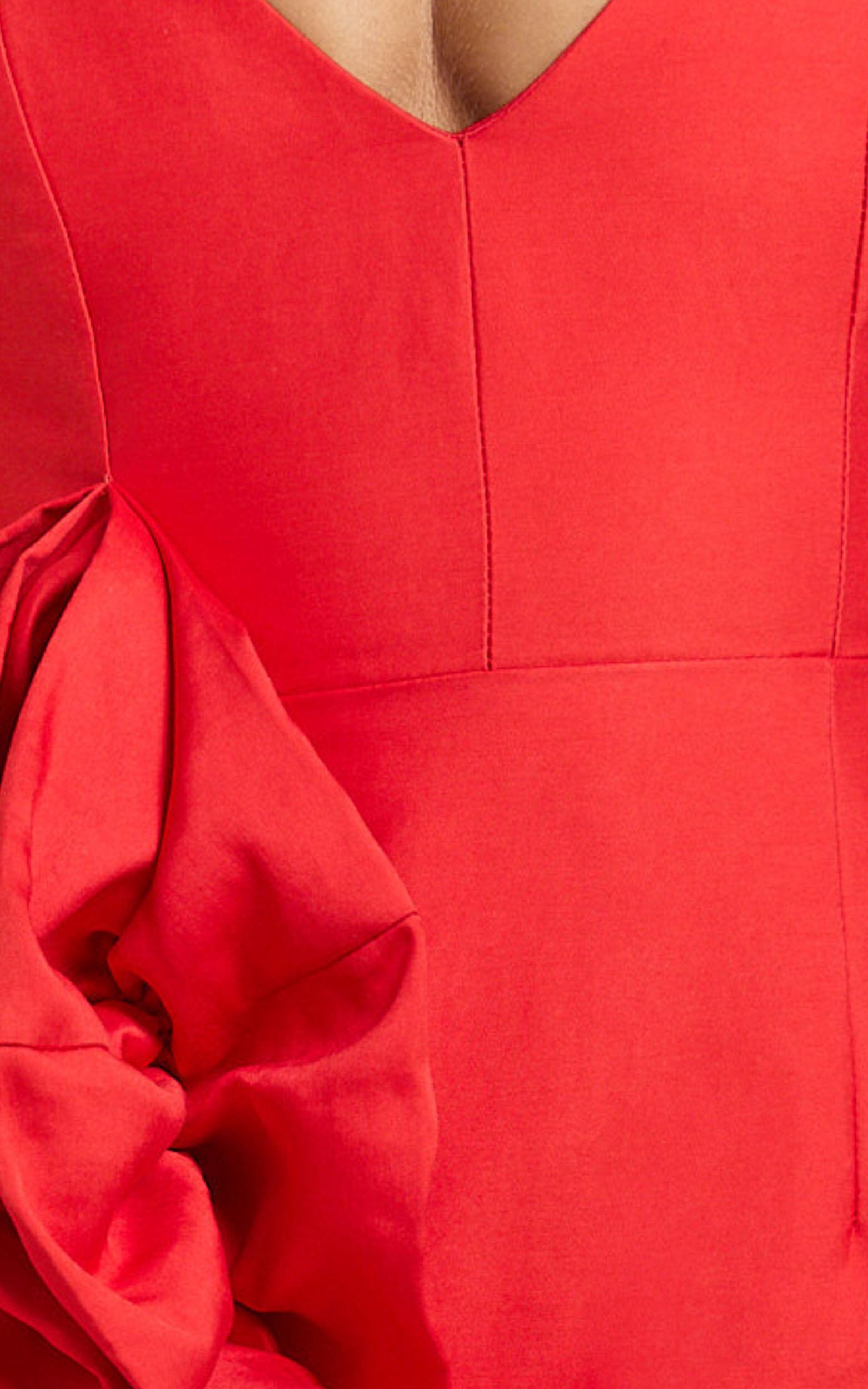 Nellie Mini Dress - V Neck Ruffle Hem Bodycon Dress in Red Product Image