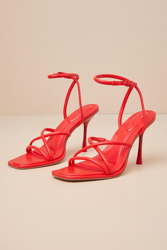 Dalilah Coral Red Ankle Strap High Heel Sandals Product Image