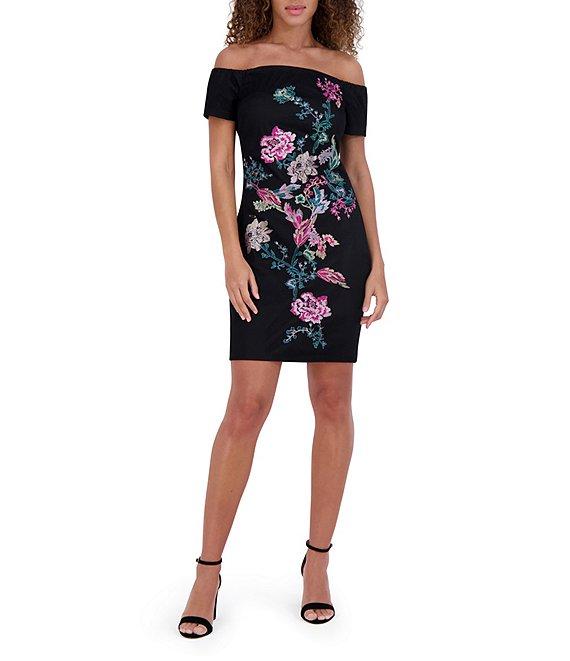 SIENA Off-The-Shoulder Floral Embroidered Mesh Sheath Dress Product Image