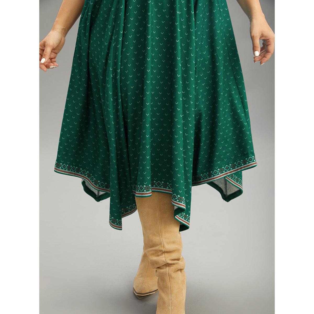 Plus Size Christmas Elk Elastic Waist Hanky Hem Dress Cyan Women Casual Printed Round Neck Half Sleeve Curvy Midi Dress BloomChic 22-24/3X Product Image