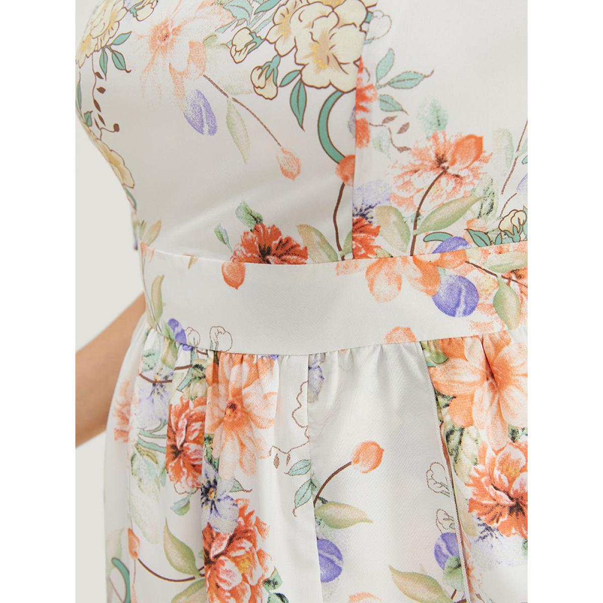 Plus Size Floral Print Cold Shoulder Pocket Split Ruffle Trim Dress WhiteSmoke Women Elegant Adjustable Straps Cold Shoulder Short sleeve Curvy Midi Dress BloomChic 30/6X Product Image