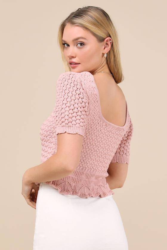 Lucky Cutie Dusty Pink Crochet Short Sleeve Sweater Top Product Image