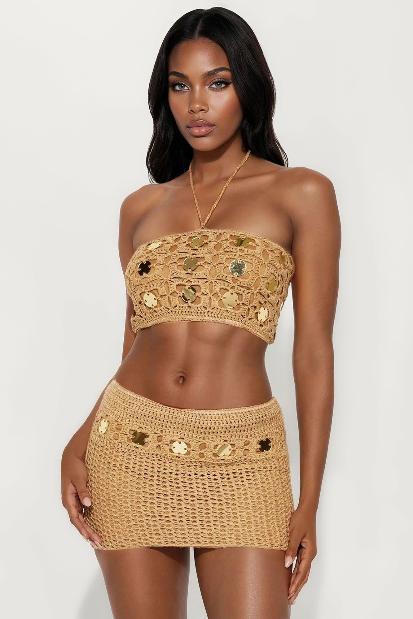 Isla Celeste Crochet Gold Coin Mini Skirt Set - Gold Female Product Image