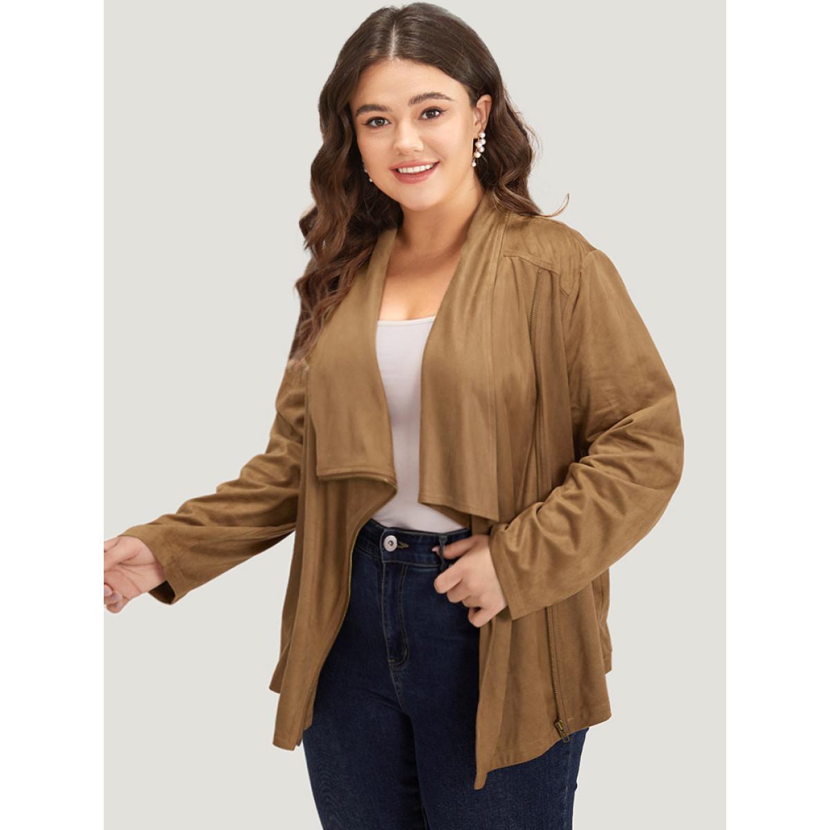 Plus Size Plain Zipper Lapel Collar Jacket Women Bronze Casual Plain Ladies Dailywear Winter Coats BloomChic 12/L Product Image