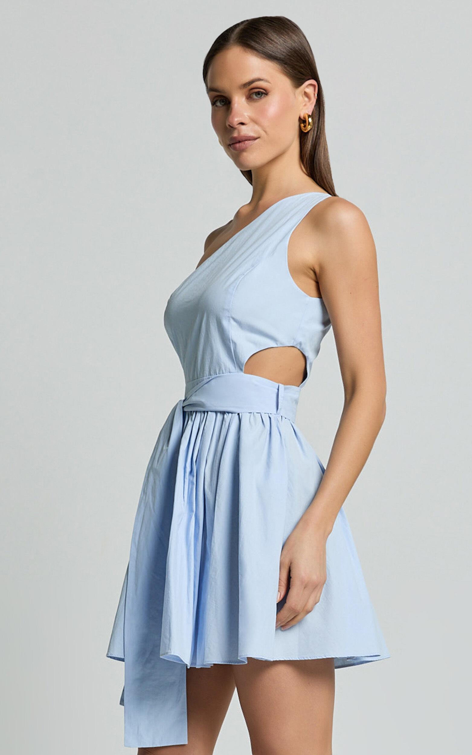 Mauee Mini Dress - One Shoulder Tie Waist Cut Out Dress in Powder Blue Product Image