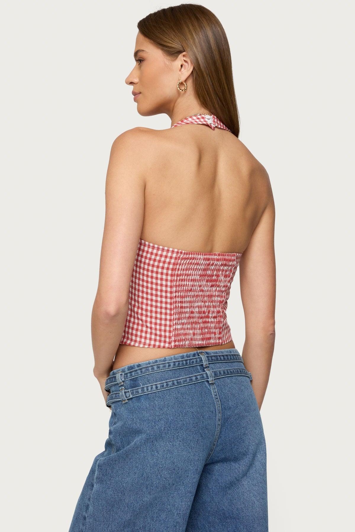 Evan Gingham Button Up Halter Top Product Image