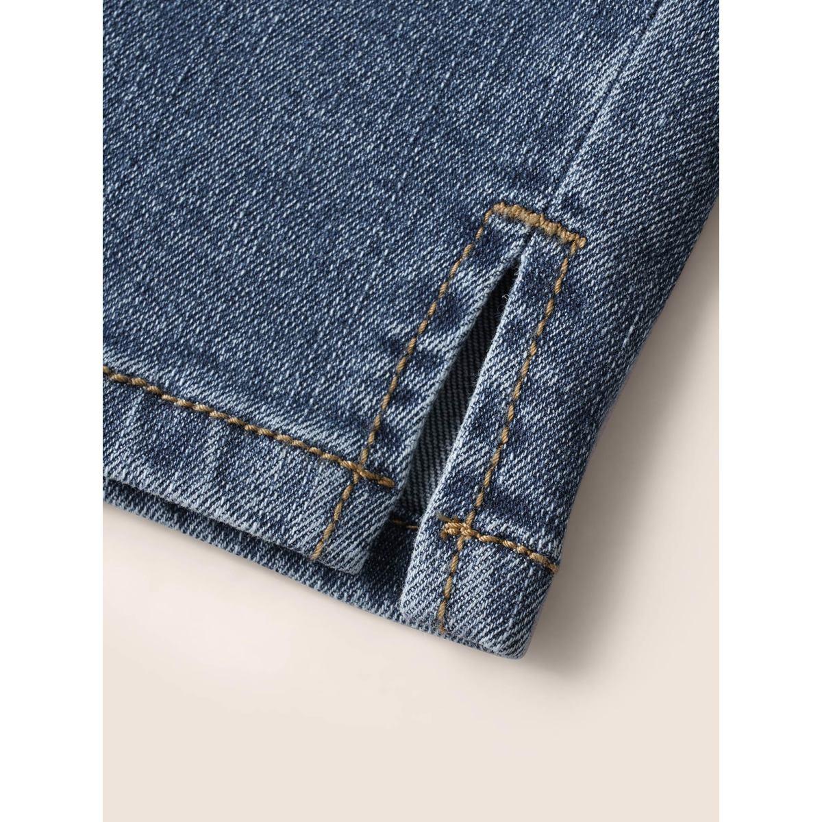 Plus Size Dark Wash Elastic Waist Distressed Slit Hem Jeans Women Denimblue Casual Distressed High stretch Slanted pocket Jeans BloomChic 18/2X Product Image