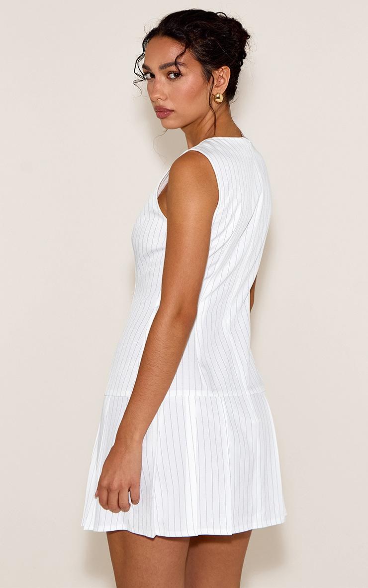 White Pinstripe Button Down Pleated Hem Shift Dress Product Image