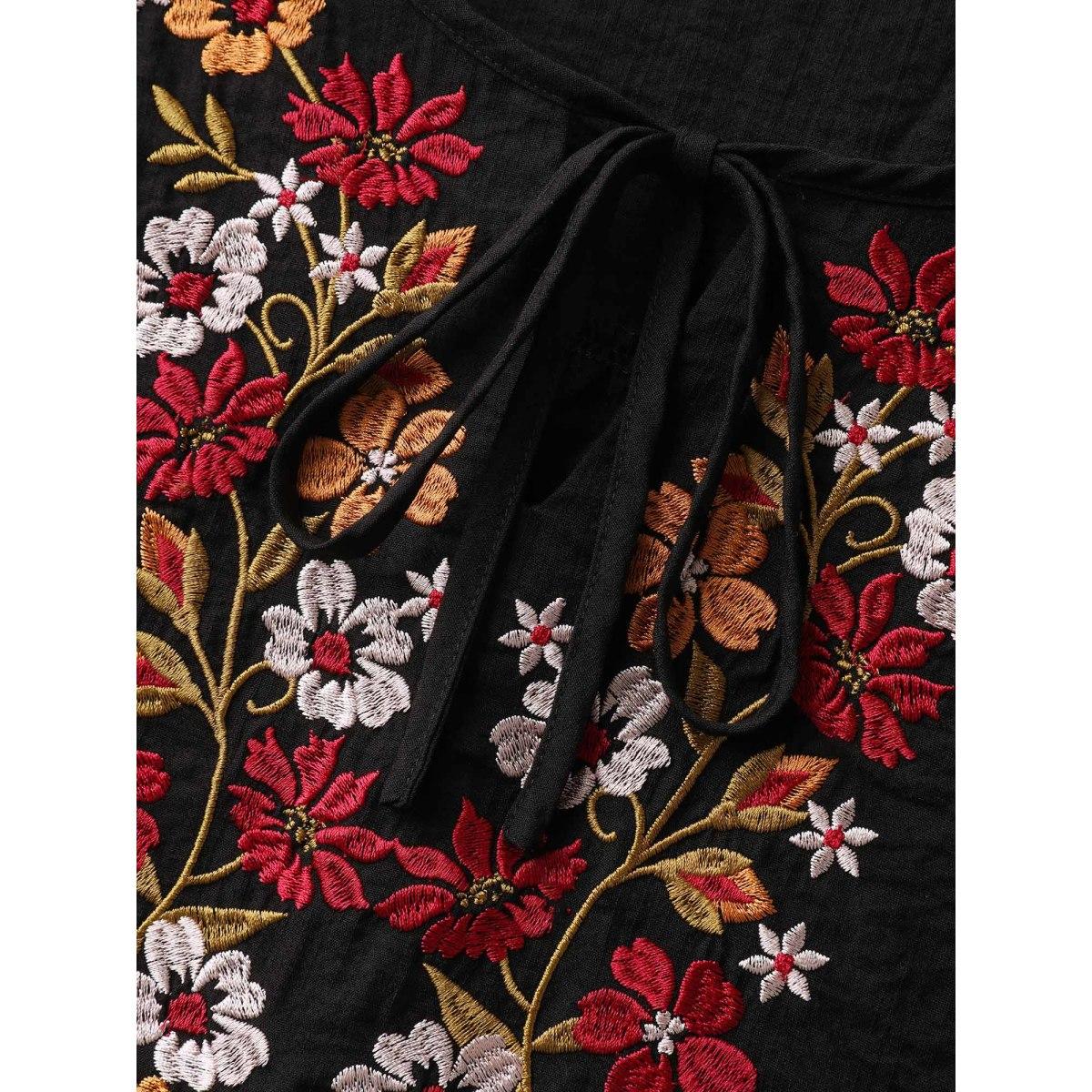 Plus Size Black Floral Embroidered Tie Knot Lantern Sleeve Blouse Women Boho Elbow-length sleeve V-neck Vacation Blouses BloomChic 12/L Product Image