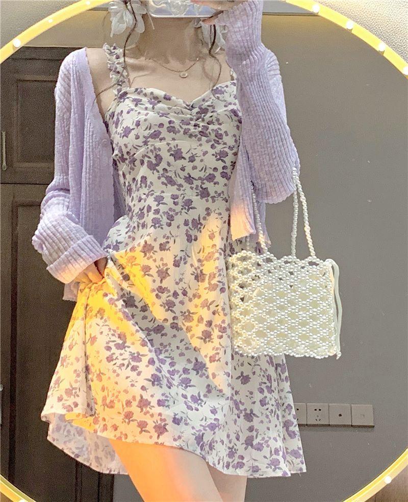 Spaghetti Strap Floral Print Mini A-Line Dress / Cardigan Product Image