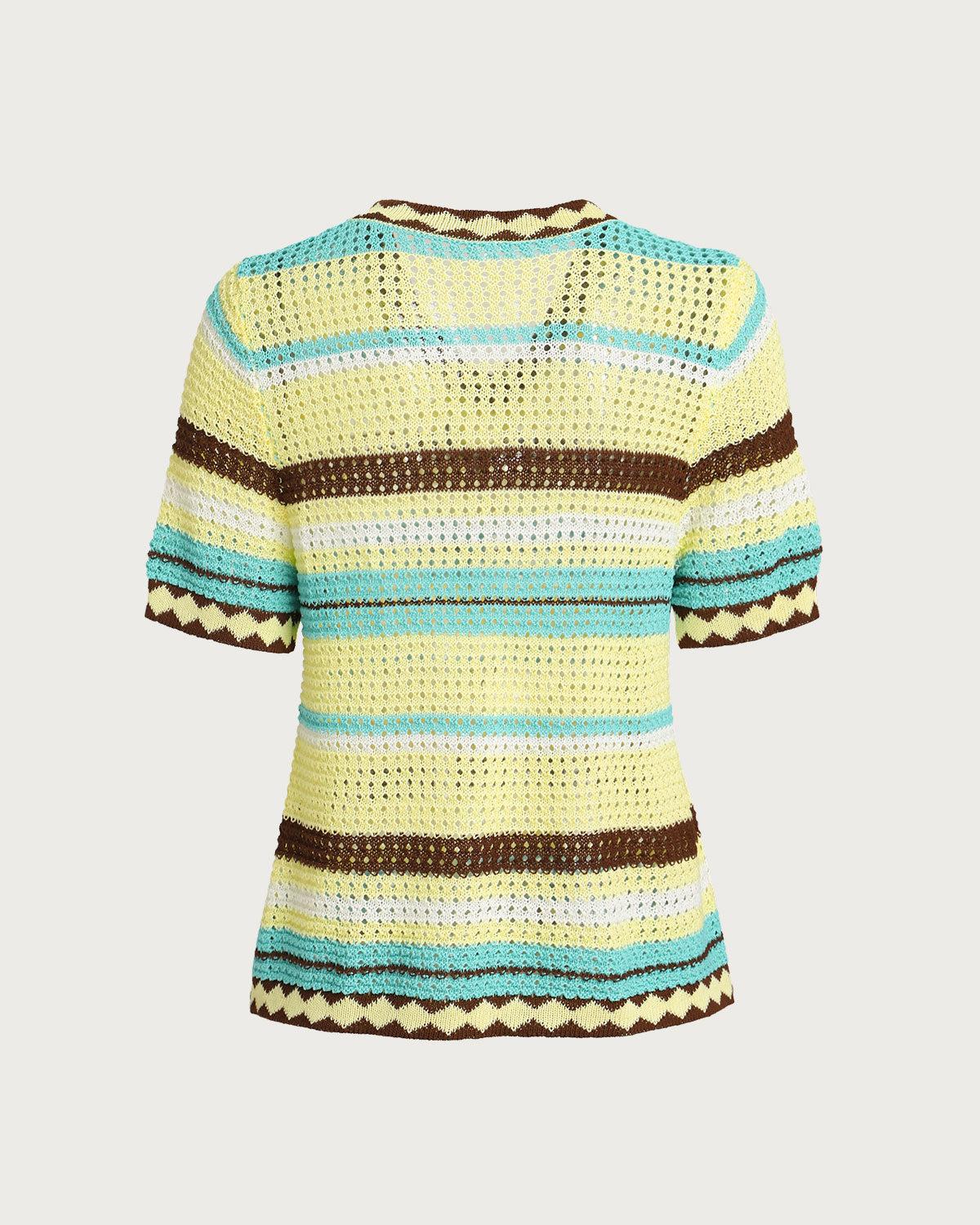 Striped Round Neck Crochet Blouse Product Image