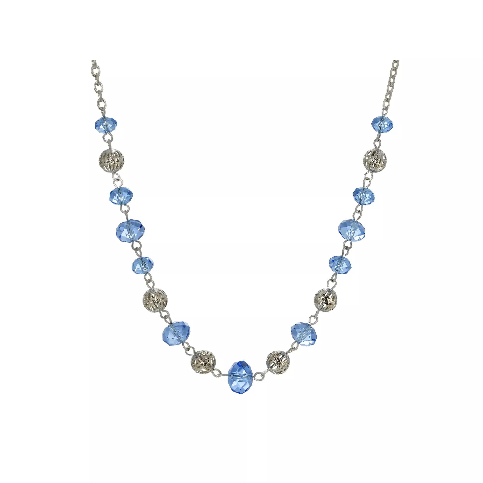 1928 Silver Tone with Blue & Silver Beaded Chain Necklace, Womens Product Image