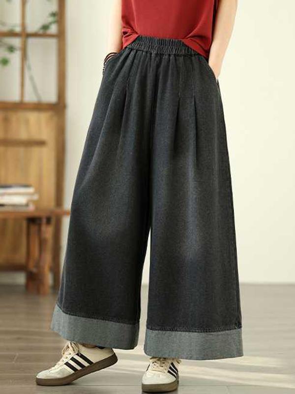 Loose Wide Leg Elasticity Pleated Pockets Jean Pants Bottoms Trousers Product Image