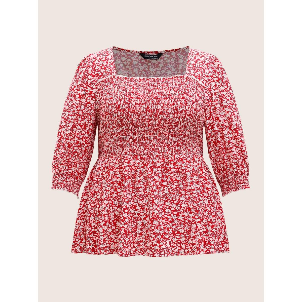 Plus Size Crimson Square Neck Ditsy Floral Shirred Blouse Women Elegant Elbow-length sleeve Square Neck Everyday Blouses BloomChic 22-24/3X Product Image