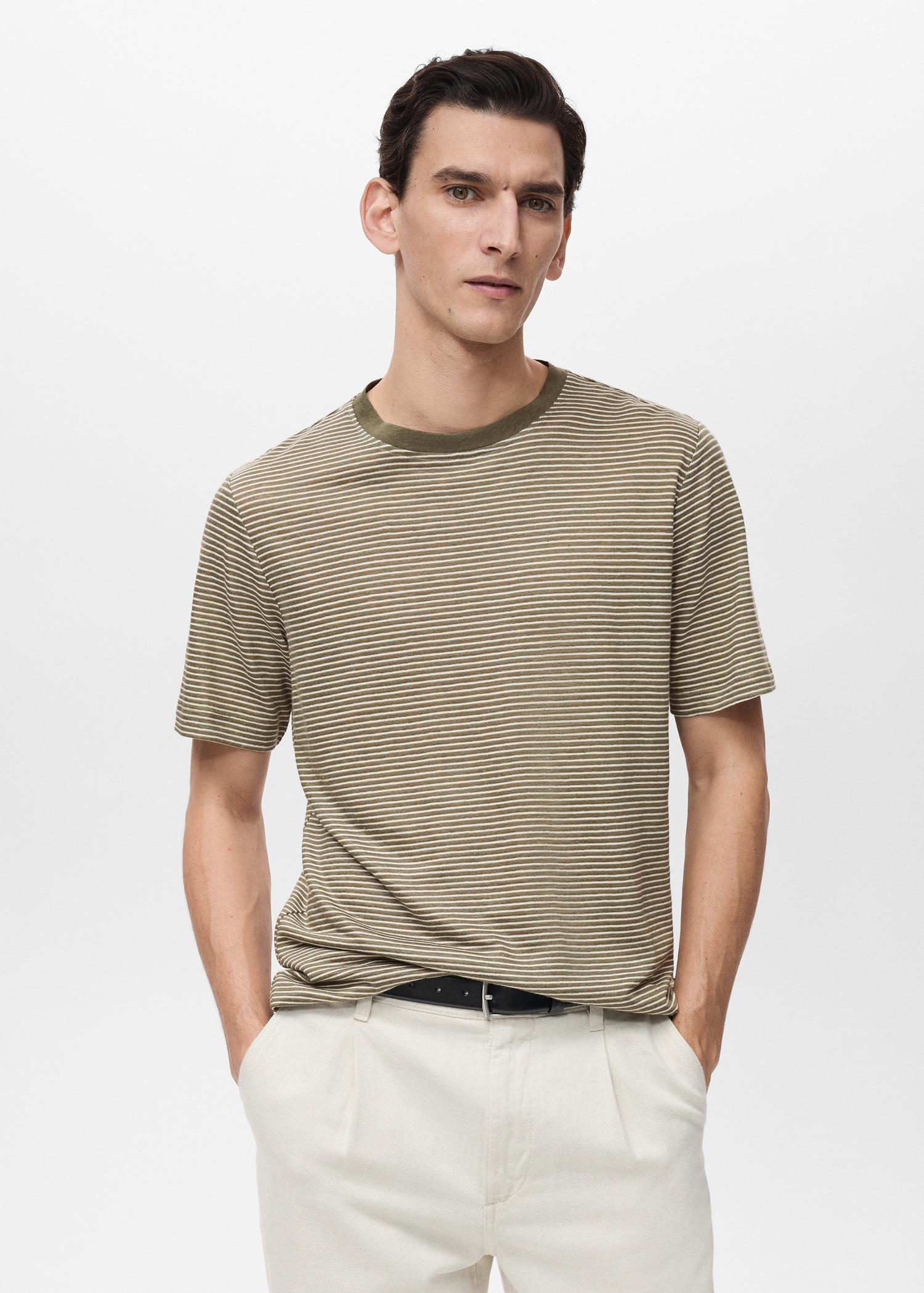 Striped slim-fit linen t-shirt - Men | MANGO USA Product Image