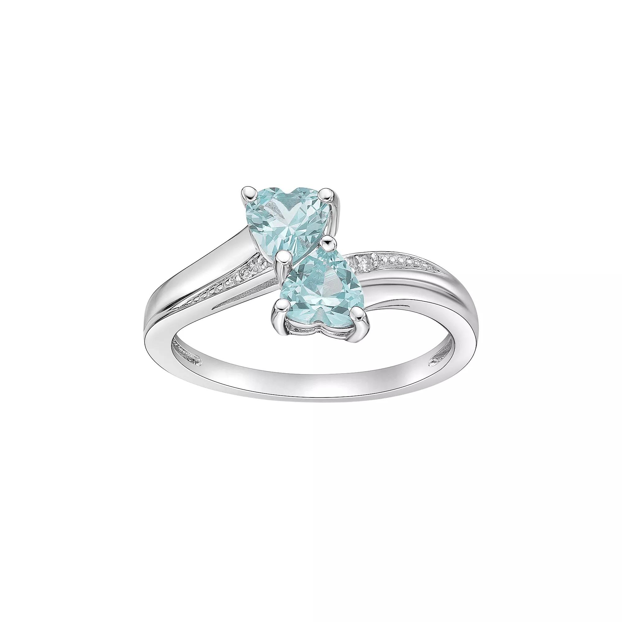 Gemminded Sterling Silver Gemstone & Diamond Accent Double Heart Bypass Ring, Womens Created Aquamarine Product Image