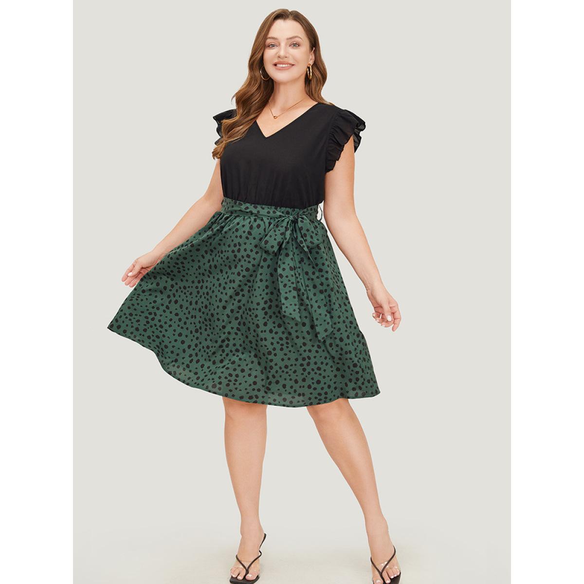 Plus Size Leopard Patchwork Pocket Belt Ruffle Dress DarkGreen Women Elegant Belted V-neck Cap Sleeve Curvy Knee Dress BloomChic 26/4X Product Image