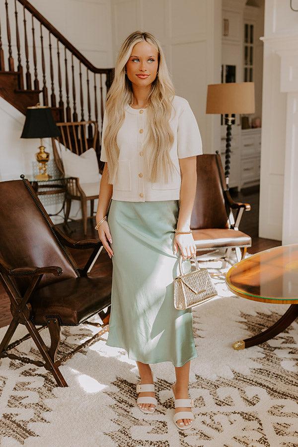 The Adeline High Waist Satin Midi Skirt in Sage Product Image